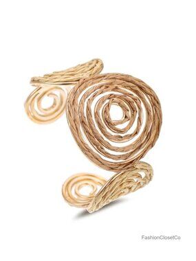 Raffia Spiral Cuff Bracelet Chunky Bangle Handmade Rattan Statement Bracelet